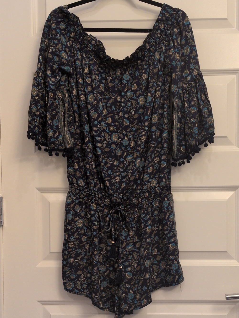 Anthropologie Dark Floral Off-Shoulder Romper with Pom-pom Accents